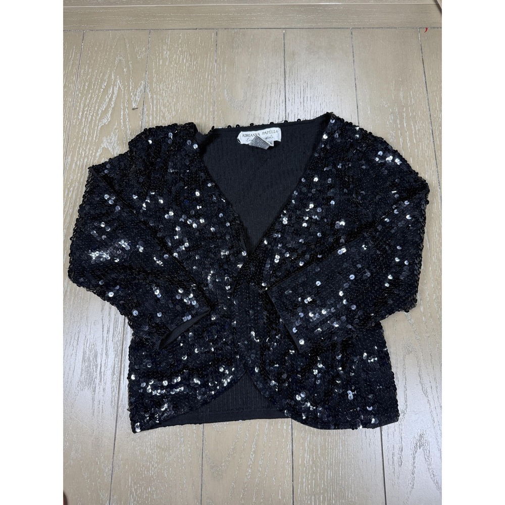 Adrianna Papell Sequin‎ Silk Cardigan Womens XS Black Blend Evening Bolero